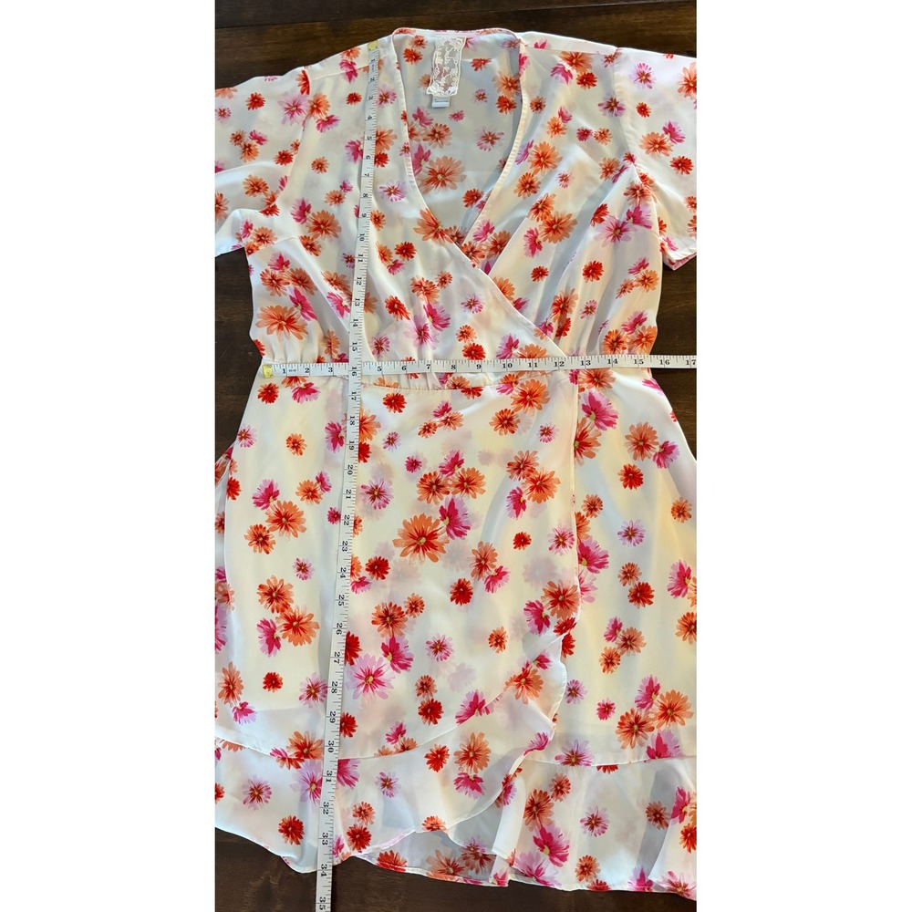 Sadie &‎ Sage Floral Faux Wrap Mini Dress Orange Pink Daisy Ruffle Hem Large - Picture 7 of 7